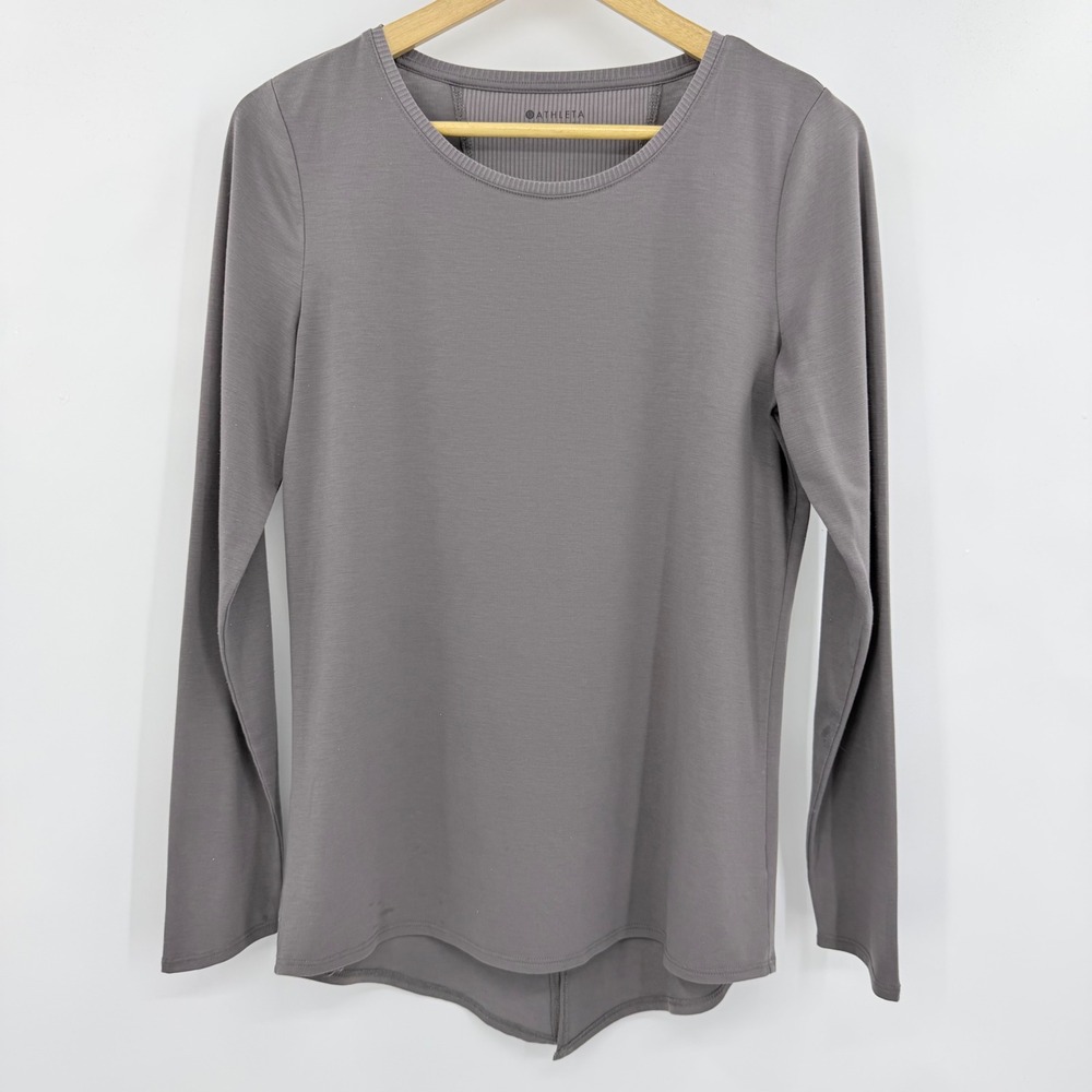 Athleta Long Sleeve Top Women S Gray Ribbed Split Back Activewear Crew Neck